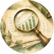 Magnifying glass over a rising bar chart illustration