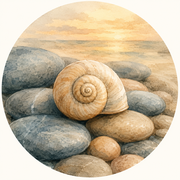 Spiral seashell resting on stones illustration