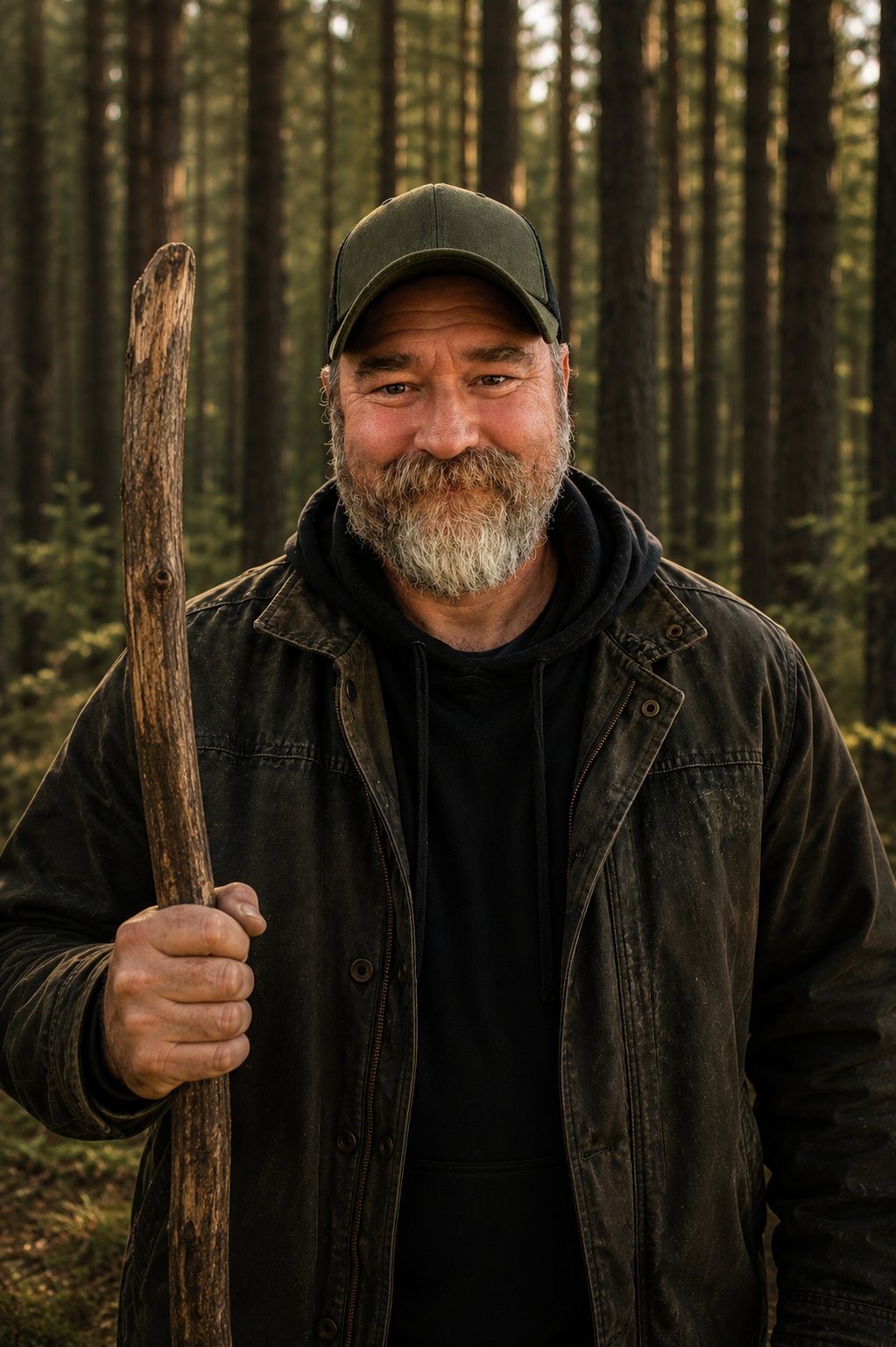 Eric Schwarz — combat veteran, founder of Minds Awaken, holding a Spirit Sticks walking stick