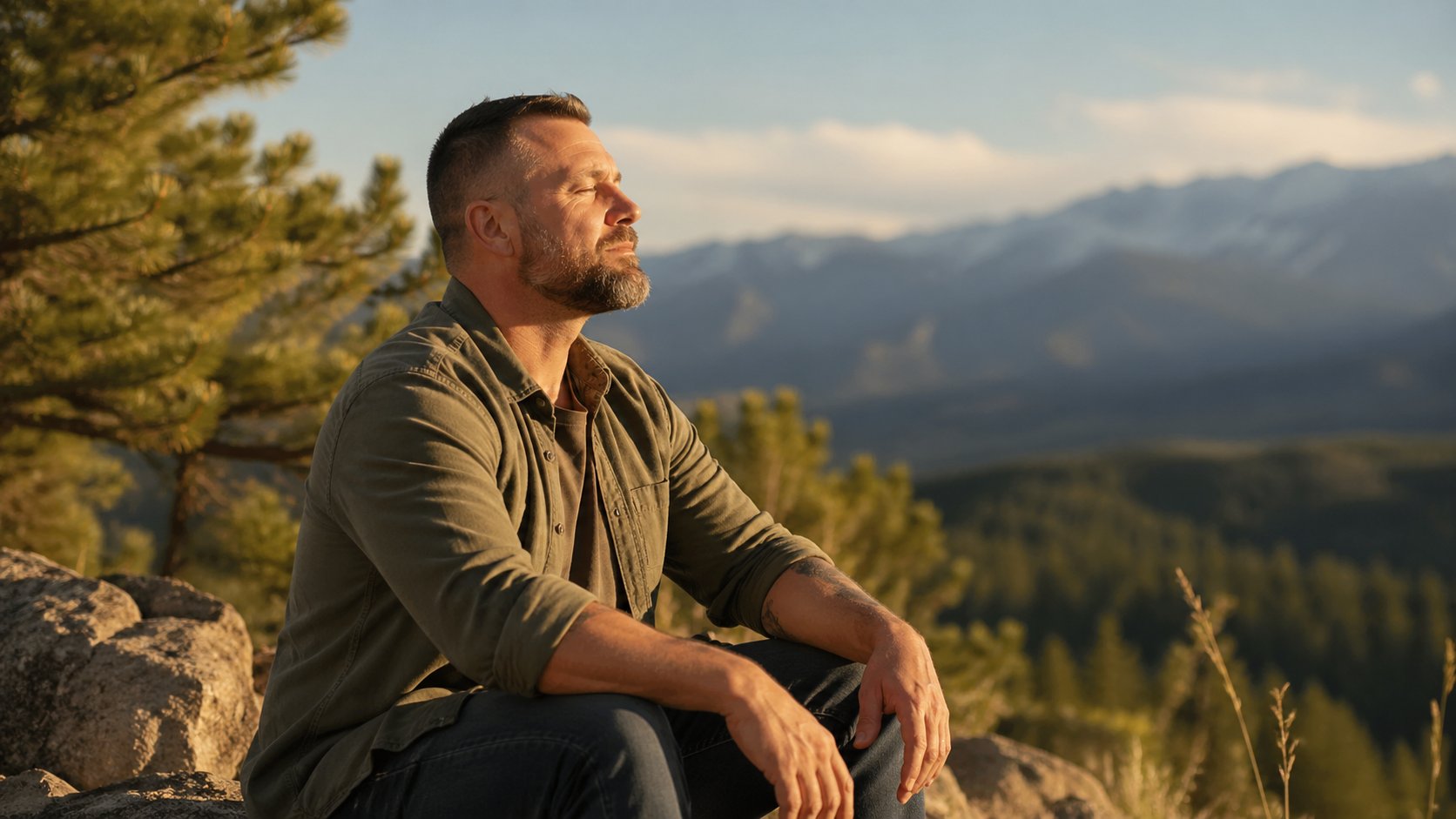 Combat veteran in peaceful reflection on a mountain overlook