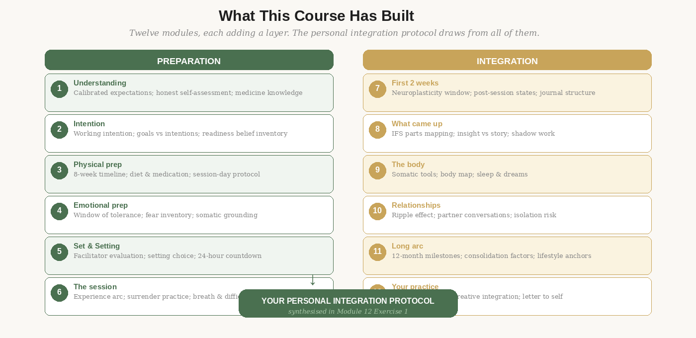 All 12 Inner Compass Course modules — from Understanding What You're Getting Into through Building Your Integration Practice